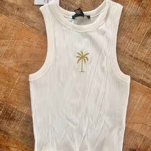 NWT White Tank Top with Gold Palm Tree Embroidery